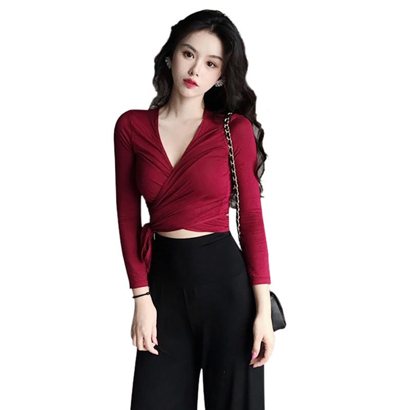 Sexy Slim V-neck Wrapped Women's Crop Tops Novel Solid Color Long-sleeved T-shirts
