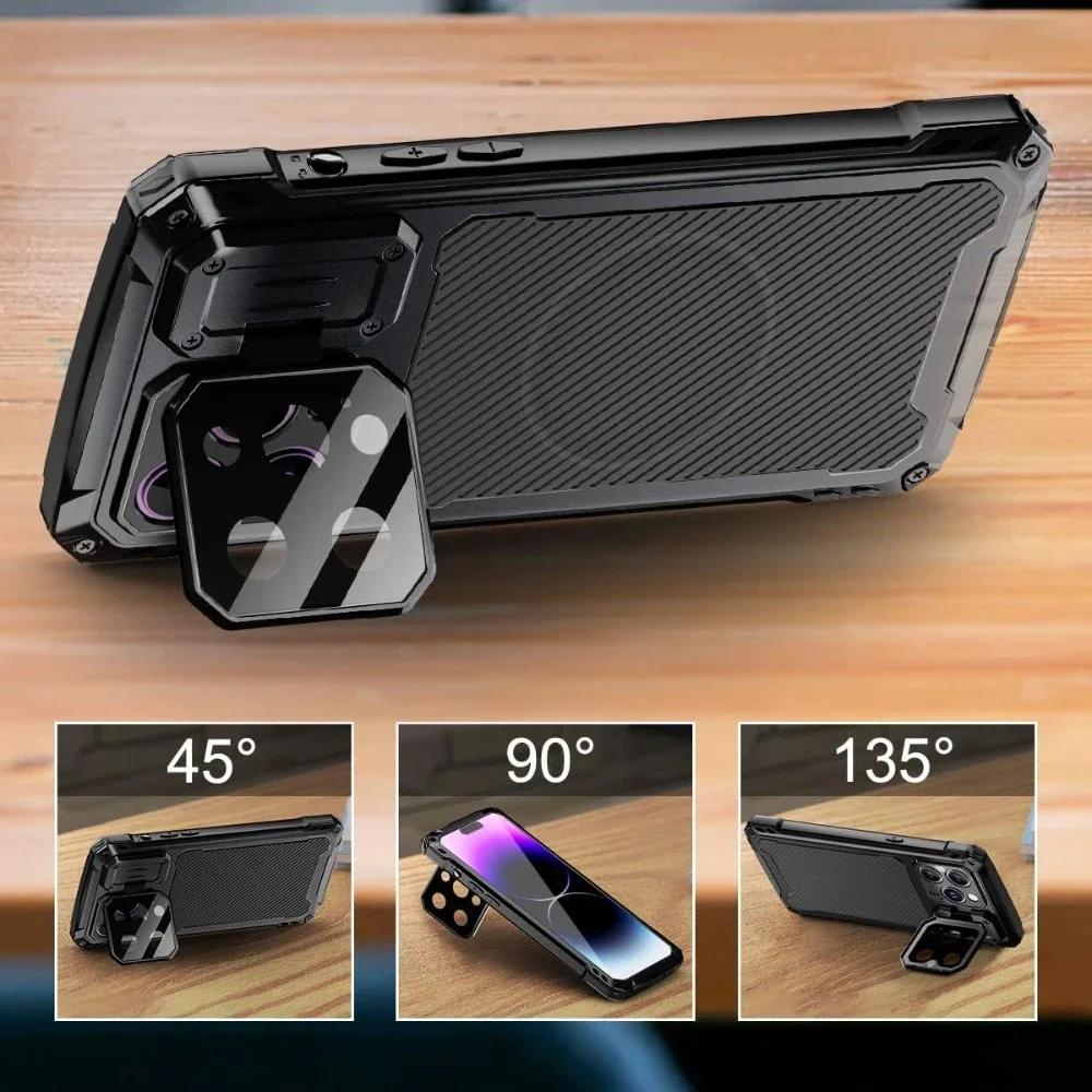 Для iPhone 16 15 Plus 14 Pro Max Алюминиевый Металлический Ударопрочный Магнитный Чехол Сверхпрочная Броня Чехол с Защитой Экрана Защитой Объектива Подставкой