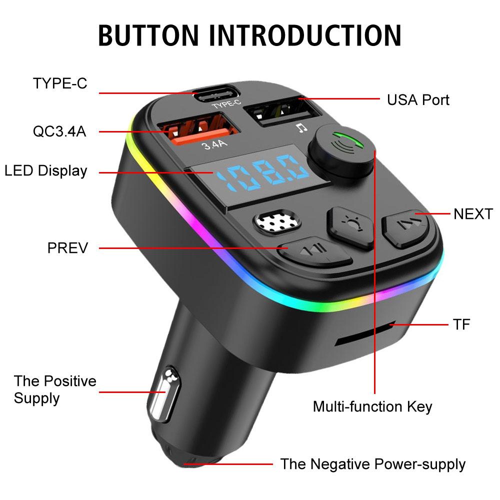 MP3 зарядное устройство 5.0 автомобильный FM-передатчик Bluetooth многофункциональный Type-C беспроводной свет Handsfree PD QC3.0 PD Type-C двойной USB Ambient плеер