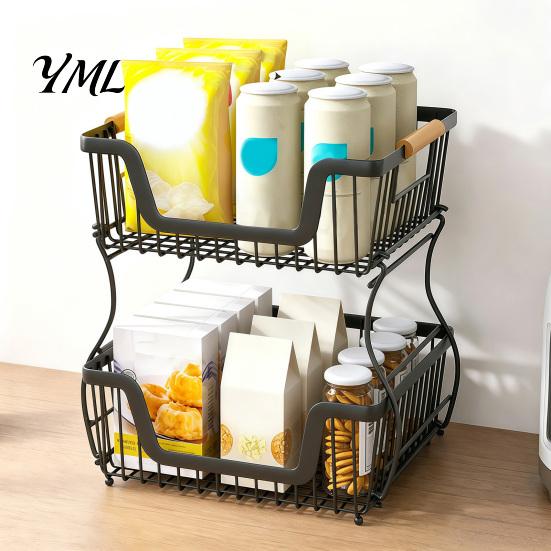 2 Tier Storage Rack 2/3 Layer Countertop Organizer Rack, Heavy Duty Fruit Basket Stand, Desktop Space Saving Carbon Steel for Kitchen, Pantry Stand