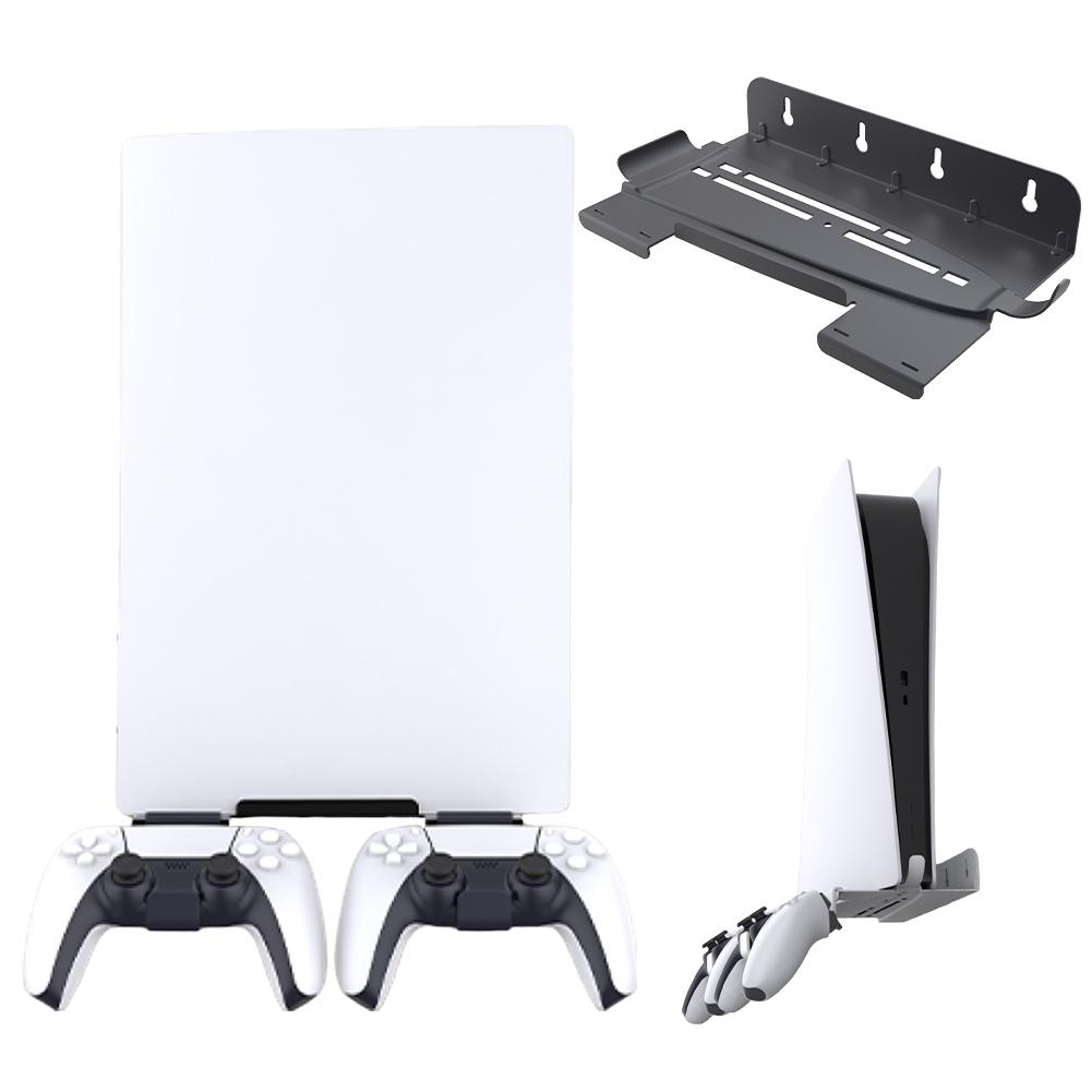 Wall Mount Host Stand with 2 Controller Hook Host Universal Wall Bracket Space Saver Storage Rack for PS5 Slim/PS5 Game Console