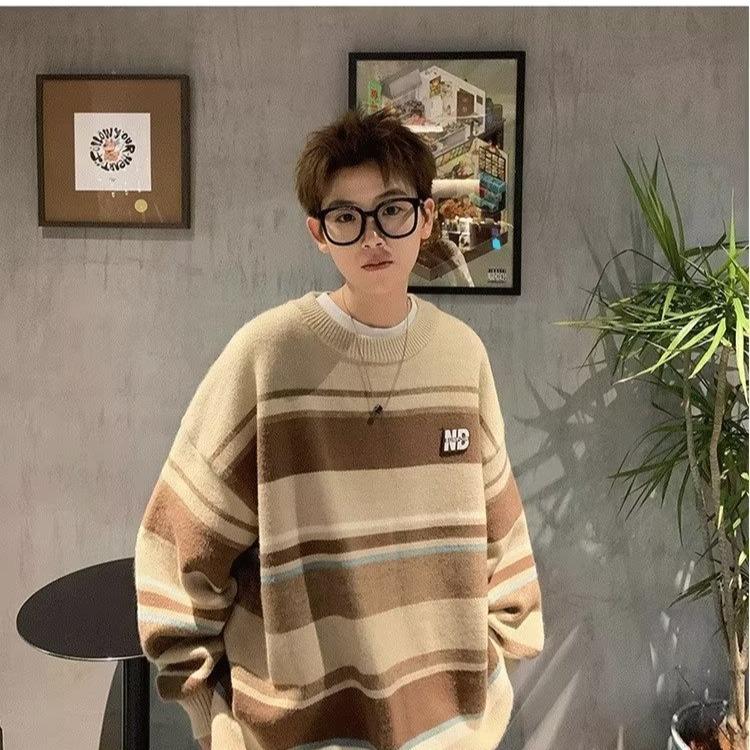 Мужской свободный полосатый свитер с круглым вырезом, осенний вязаный пуловер большого размера, зимний теплый трикотаж