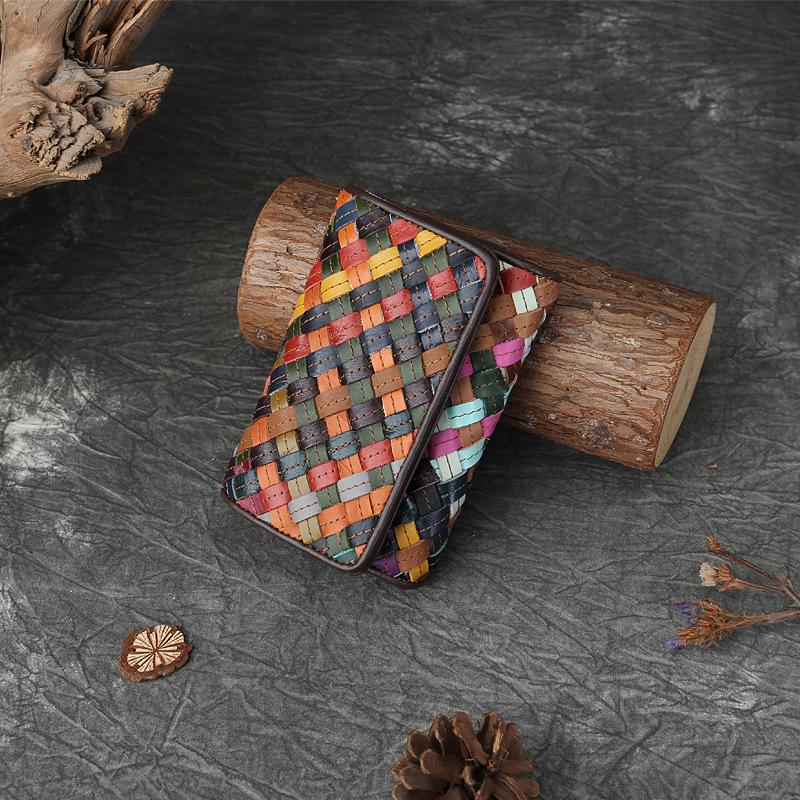 Кошелек из натуральной кожи с радужным плетением, вместительная сумка, многослотовый складной кошелек с пряжкой