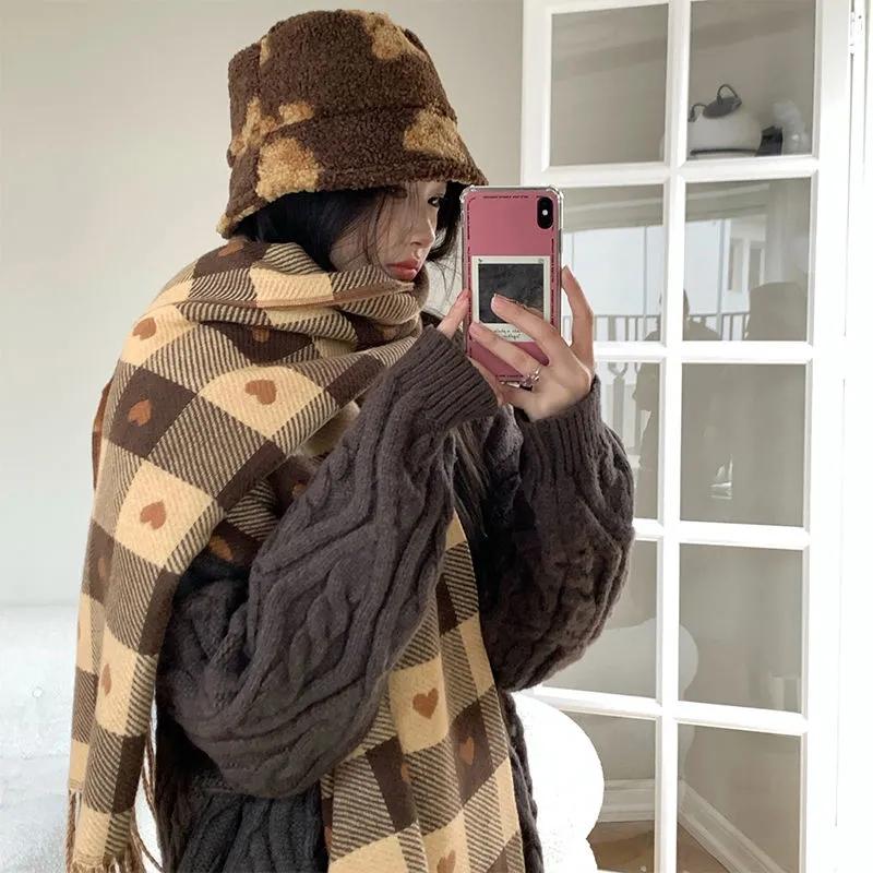 WTEMPO Женские осенне-зимние милые ветрозащитные шарфы в стиле ретро, элегантные, в клетку, с принтом в виде маленьких сердечек, рождественские, новогодние, теплые, с кисточками, подарки