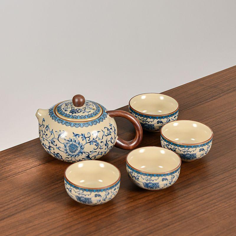 Chinese Ru Kiln Blue and White Teapot Home Vintage Handmade Ceramic Handle Pot Kung Fu Tea Set Tea Infuser
