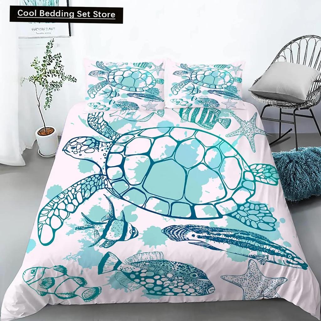 Sea Turtle Duevt Cover Set King Size Ocean Turtle Themed Comforter Cover for Teens Boys and Girls Soft Polyester Quilt Cover