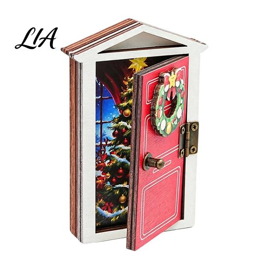 Christmas Party Supplies Elf Door Fridge Magnet with LED Light, Wooden Magnetic Decorations Refrigerator Magnet, Openable Mini Decoration for Holiday