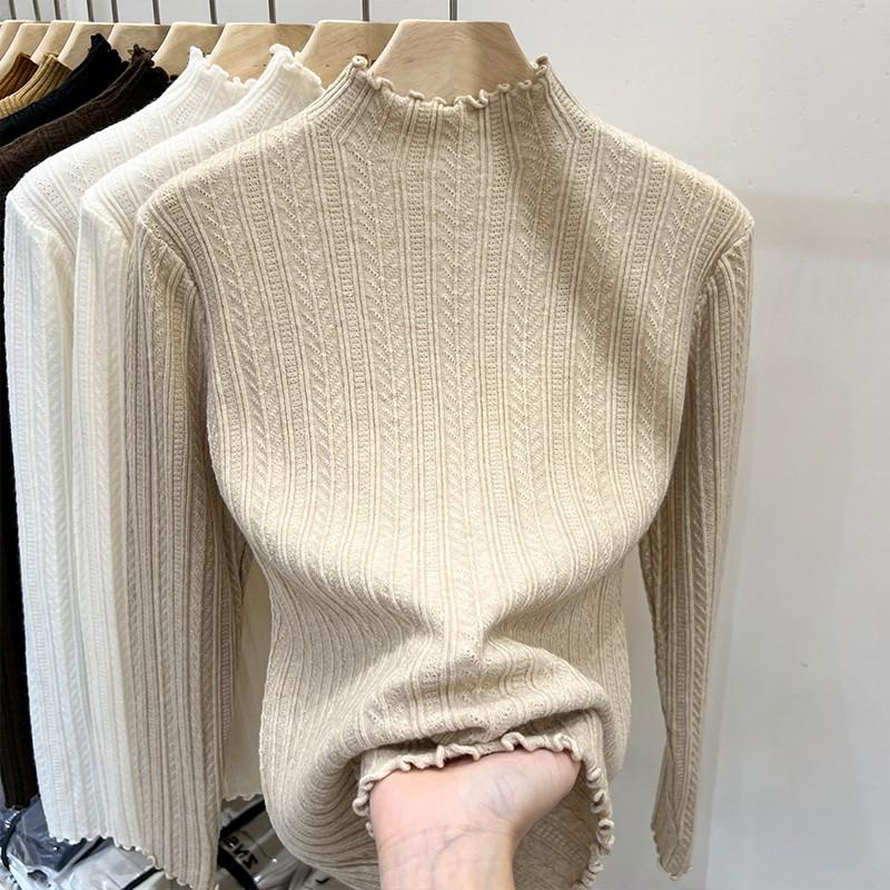 Трикотажная рубашка с кромкой из дерева, нижняя рубашка с полуводолазкой для женщин на осень и зиму с низом, новый женский топ