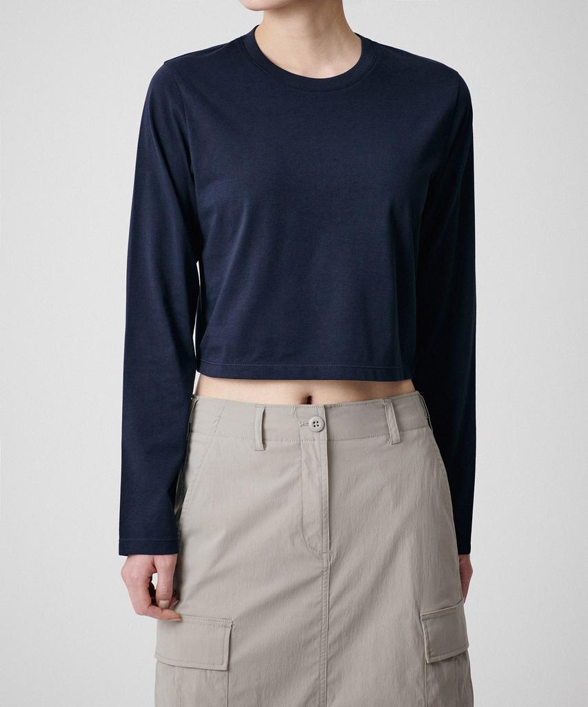 MUSINSA СТАНДАРТ ЖЕНЩИНА [Cooltandard] Женская укороченная футболка с длинным рукавом и круглым вырезом [Темно-синий]