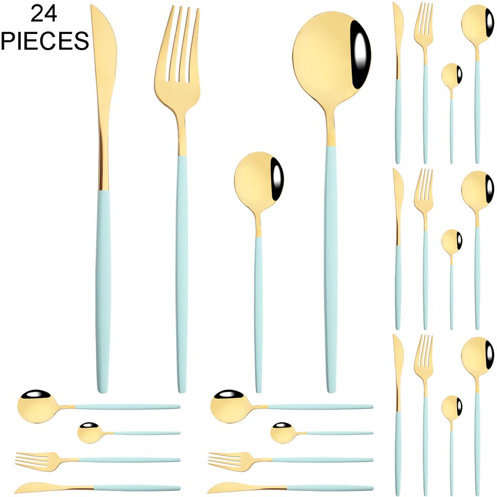 Gold 24Pcs Dinnerware Cutlery Set Knife Fork Coffee Spoon Tableware Set Mirror Stainless Steel Flatware Western Kitchen Silverware