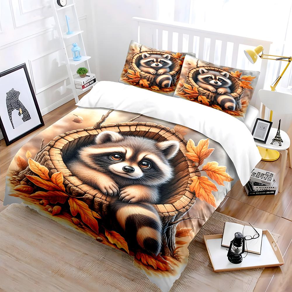 Енот, отдыхающий в осеннем дупле дерева Комплект постельного белья для детей Роскошный подарок 3 предмета Цифровая печать Комплект с одеялом Мягкий Удобный