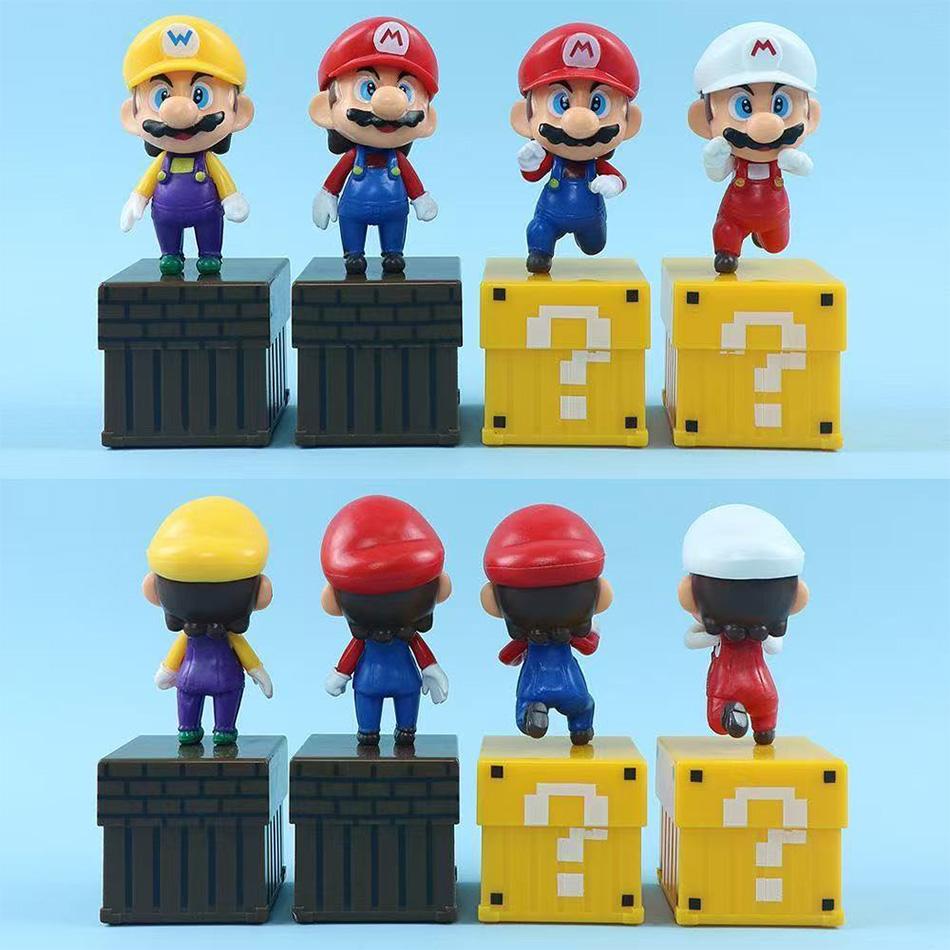 4 шт./комплект Фигурки Super Mario Bros Марио Варио ПВХ Куклы-фигурки с блоками-вопросами Для детей Фанатов Подарок