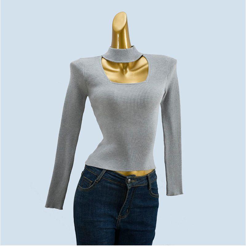 Orders Halterneck Long-Sleeved Cut Out Half Turtleneck Bottoming Shirt Women's Autumn and Winter Sexy Inner Wear Western Style Unique Chic Tops
