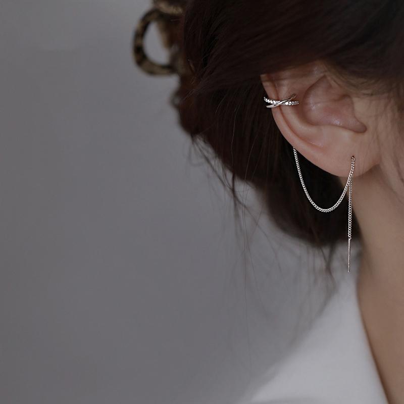 1 шт., серьги-гвоздики с перекрестной цепочкой, длинная бахрома, серьги-гвоздики с цирконием, простые серебряные зажимы для ушей, модные женские украшения