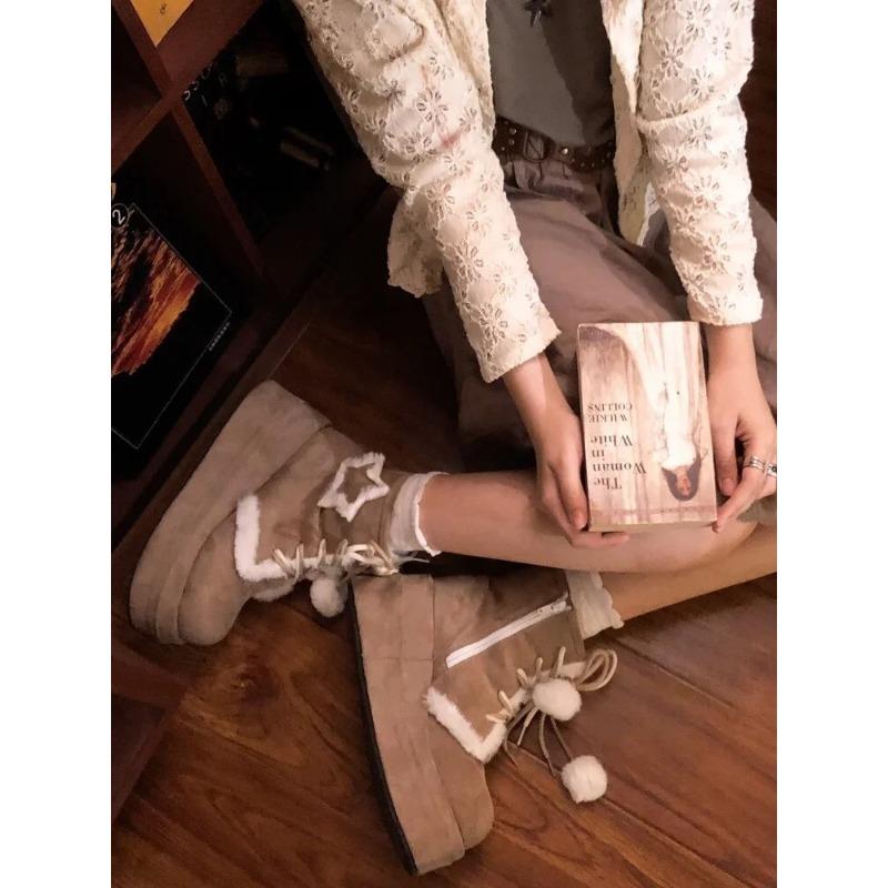 Модный оригинальный дизайн Лолита Женские зимние сапоги для снега Милые меховые помпоны Флисовые теплые короткие сапоги Девушки Хаки Черные ботильоны