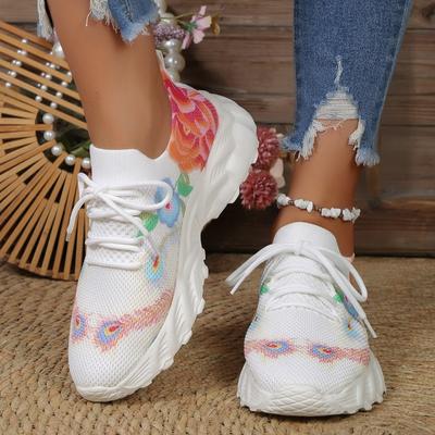 Женская обувь с европейским и американским принтом 2024 года, осень, новая повседневная сетчатая дышащая легкая спортивная обувь с цветочным принтом и мягкой подошвой