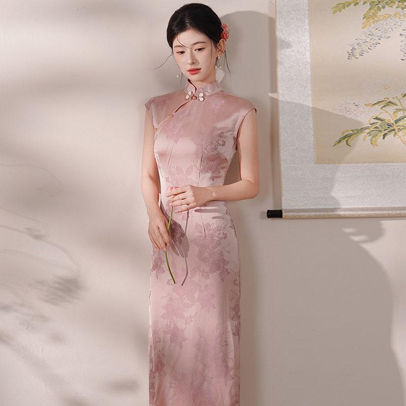 Pink Sleeveless Modern Chinese-Inspired Long Cheongsam Dress Women 2026 Daily Wear