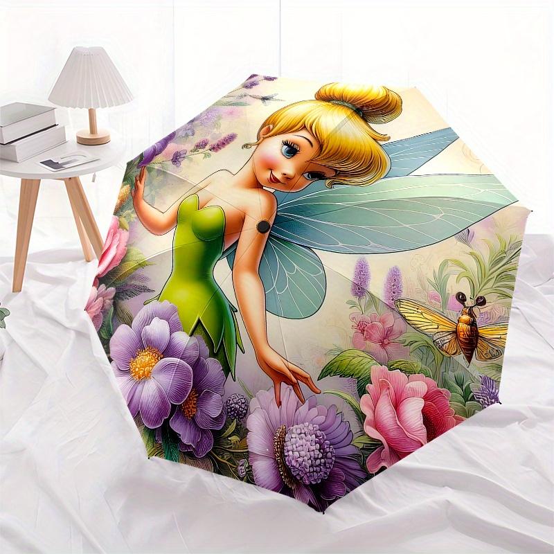 Tinkerbell, Fairy Automatic Opening and Closing Umbrella, Compact Travel Umbrella, Lightweight and Portable, Suitable for Beach Commuting Bu