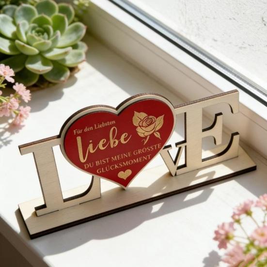 Valentine's Day Love Table Sign with Base Farmhouse Rustic Wooden Love Letter Ornament Anniversary Wedding Party Tabletop