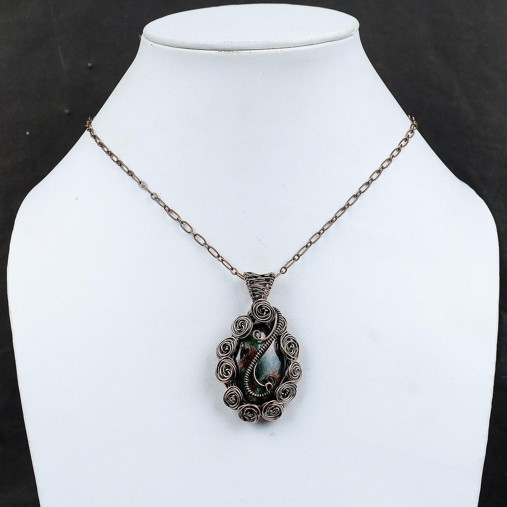 Кулон из куприта и хризоколлы, обернутый медной проволокой, ювелирное изделие, подвеска из драгоценного камня, дизайнерское ювелирное изделие, ручная работа, медный кулон, обернутый проволокой, кулон для подарка