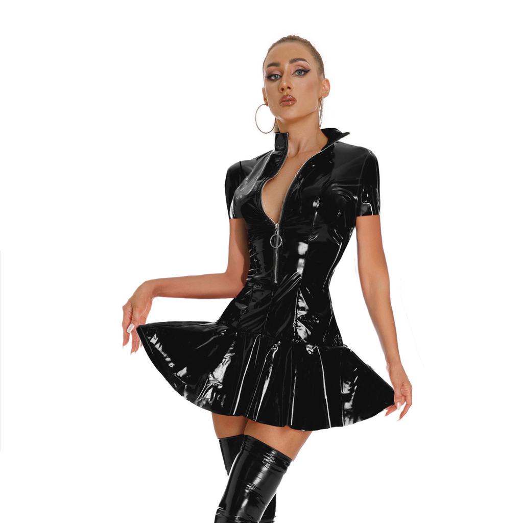 Women PVC Leather Club Dress Stand Collar Bodycon Party Dress Zip Up Mini Dresses Nightclub Stage Pole Dance Performance
