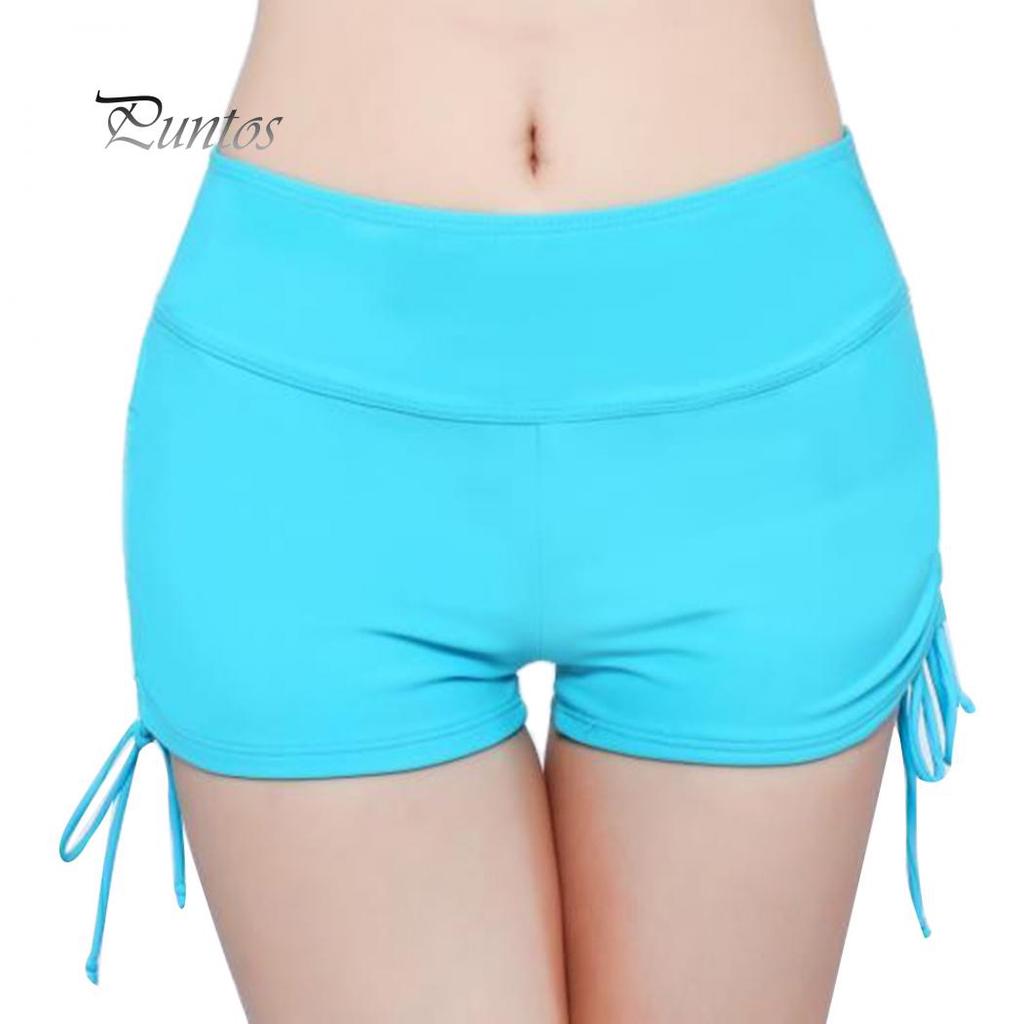 Global Selling Women Solid Color Bikini Bottom Side Pleated Bandage Swim Shorts