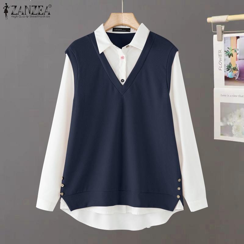 ZANZEA Женские винтажные поддельные рубашки-двойки с длинным рукавом контрастного цвета