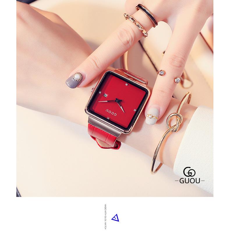 Fashion Guou Top Brand Ultra Thin Ladies Luxury Advanced Gift Square Water Resistant Calendar Genuine Leather Wrsist Watches