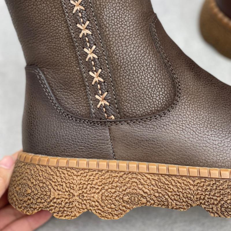 Johnature Винтажные женские сапоги из коровьей кожи с круглым носком, утепленные и на толстой подошве, из натуральной кожи, сапоги до середины икры