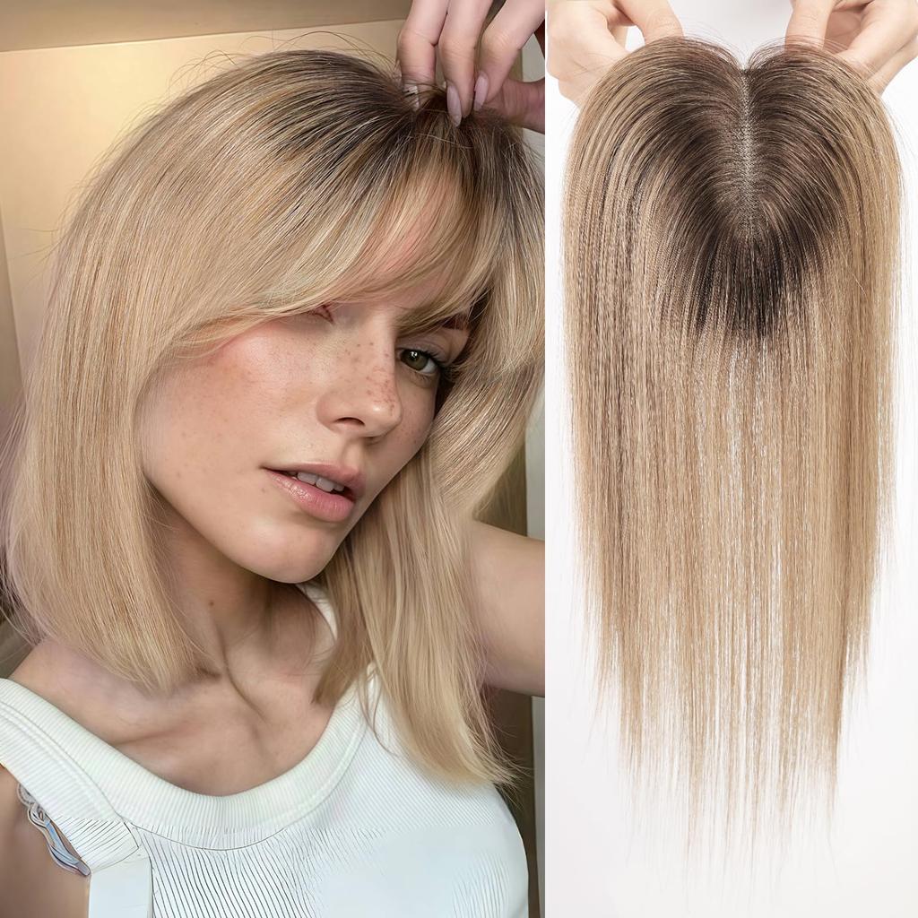 HAIRCUBE Blonde Ombre Human Hair Toppers with Bangs 3Clip Hairpieces Fringe for Women Hair Loss 14 Inch Swiss Lace Invisible Hair Toppers