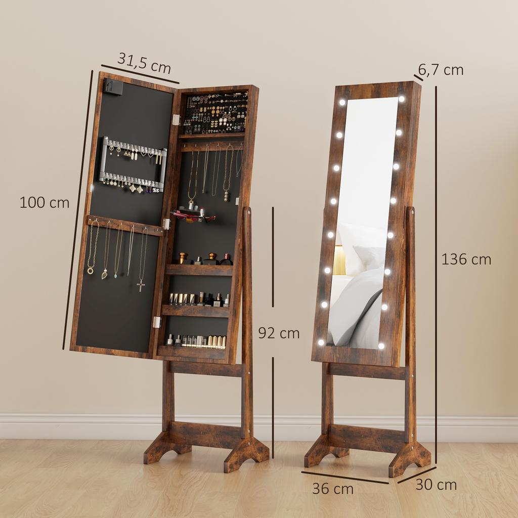 Freestanding Jewelry Cabinet with Mirror, Multiple Compartments, LED Lighting, Rustic Brown
