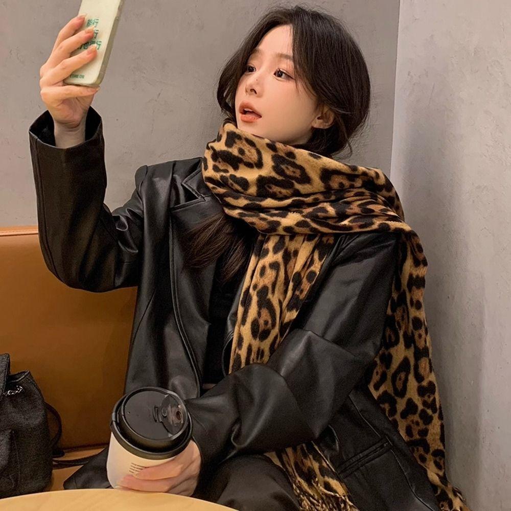 Сладкий Прохладный Шарф с Леопардовым Узором Ретро Шерстяная Шаль Элегантные Шарфы с Кисточками Мужской