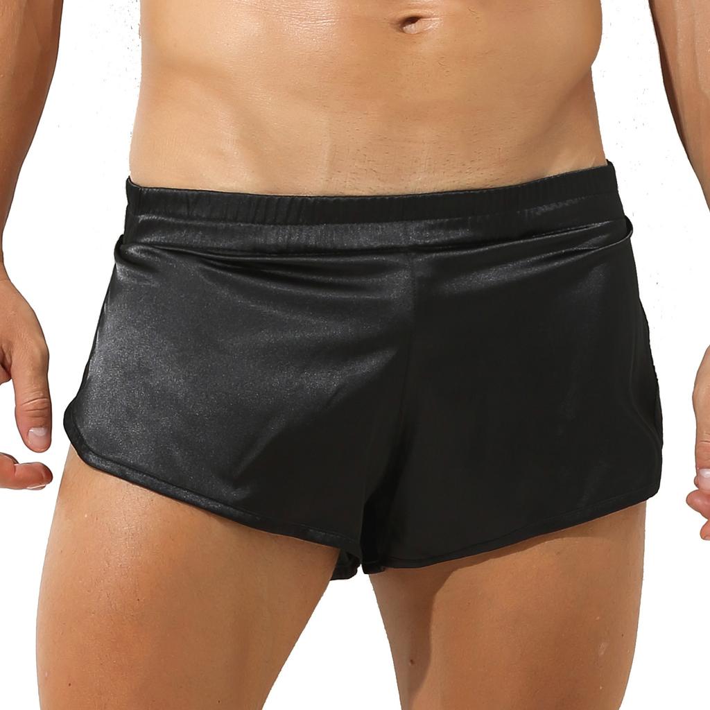 Mens Low Waist Satin Boxers Underwear Side Split Elastic Waistband Shorts Underpants Nightwear