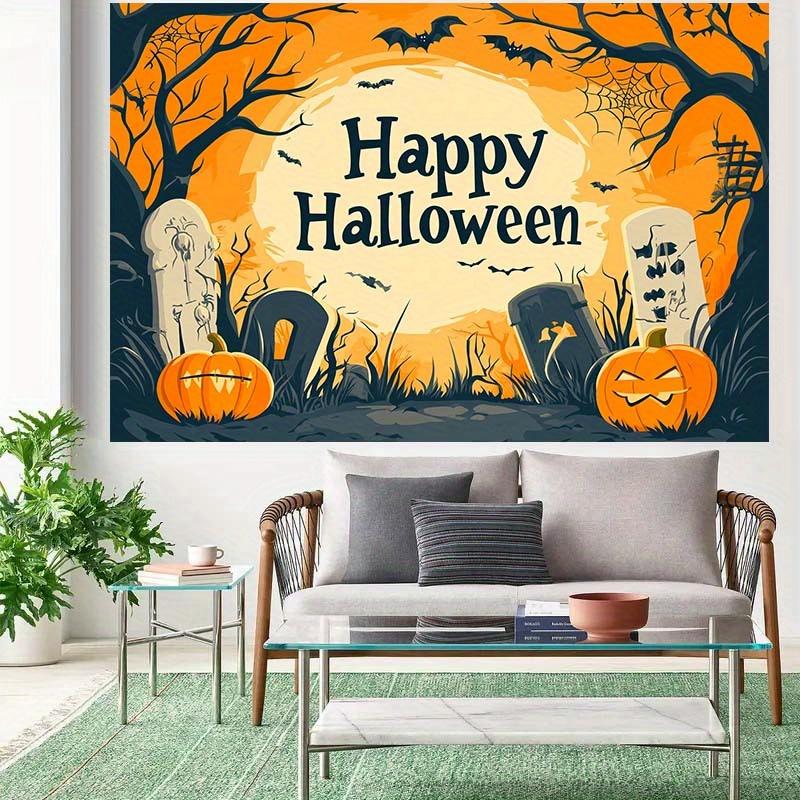2D graphic design, 1 piece of Halloween-themed background fabric, featuring pumpkins and bats