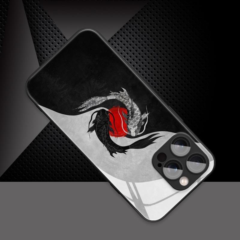 Чехол для телефона со стеклянным корпусом и узором «Рыба Кои в стиле Арт Тайцзи» для iPhone 17 16 15 14 Pro Max 13 12 11 Pro 17 Air 16E 7 8 Plus XR XS X