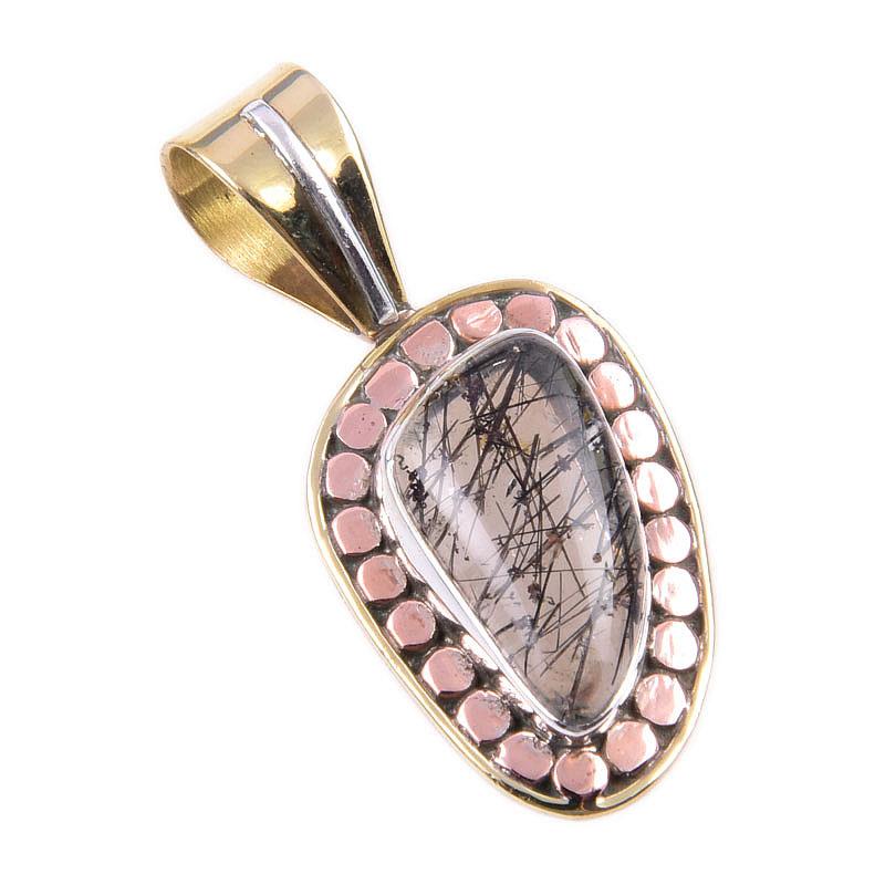 Natural Black Rutile 925 Solid Sterling Silver TwoTone Gift Pendant 1.25" G1w90