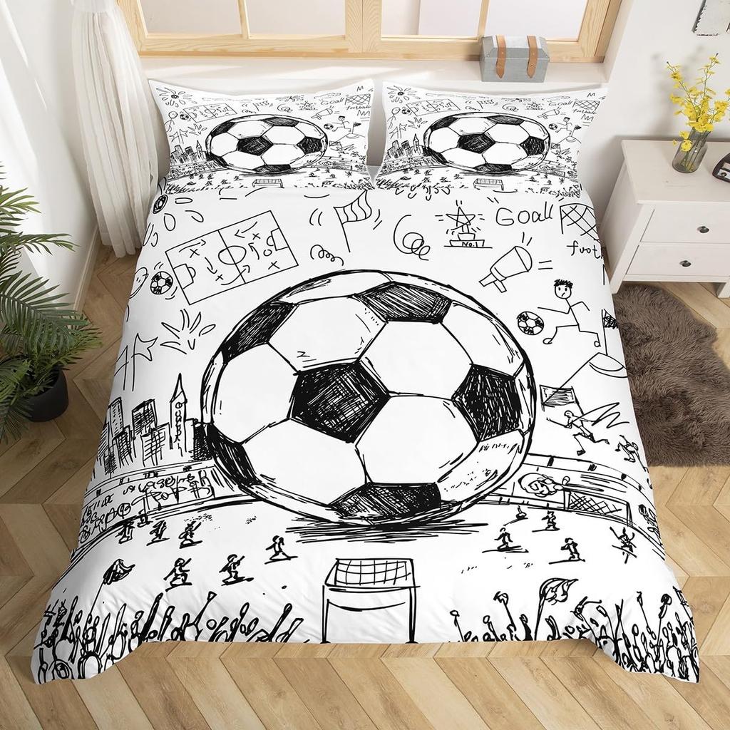Erosebridal Football Comforter Cover, Hand Drawn Sketch Soccer Flag Network Team Sports Duvet Cover for Boys Teens Men, Decorative 2 Piecce