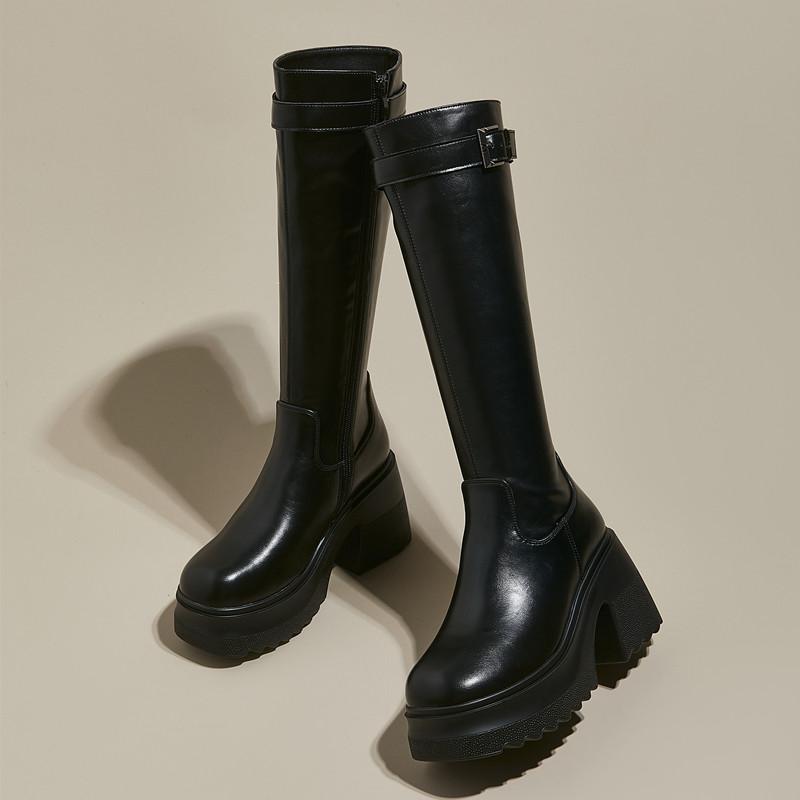 Модные ботфорты AIYUQI Женские 2025 Новые женские ботинки на высоком каблуке 10 см каблук Высокая платформа Модные облегающие сапоги для верховой езды Женские