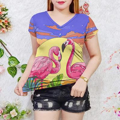 Летняя женская футболка с рисунком фламинго, модные топы с V-образным вырезом, футболки, женская повседневная одежда с коротким рукавом, стильная женская уличная одежда