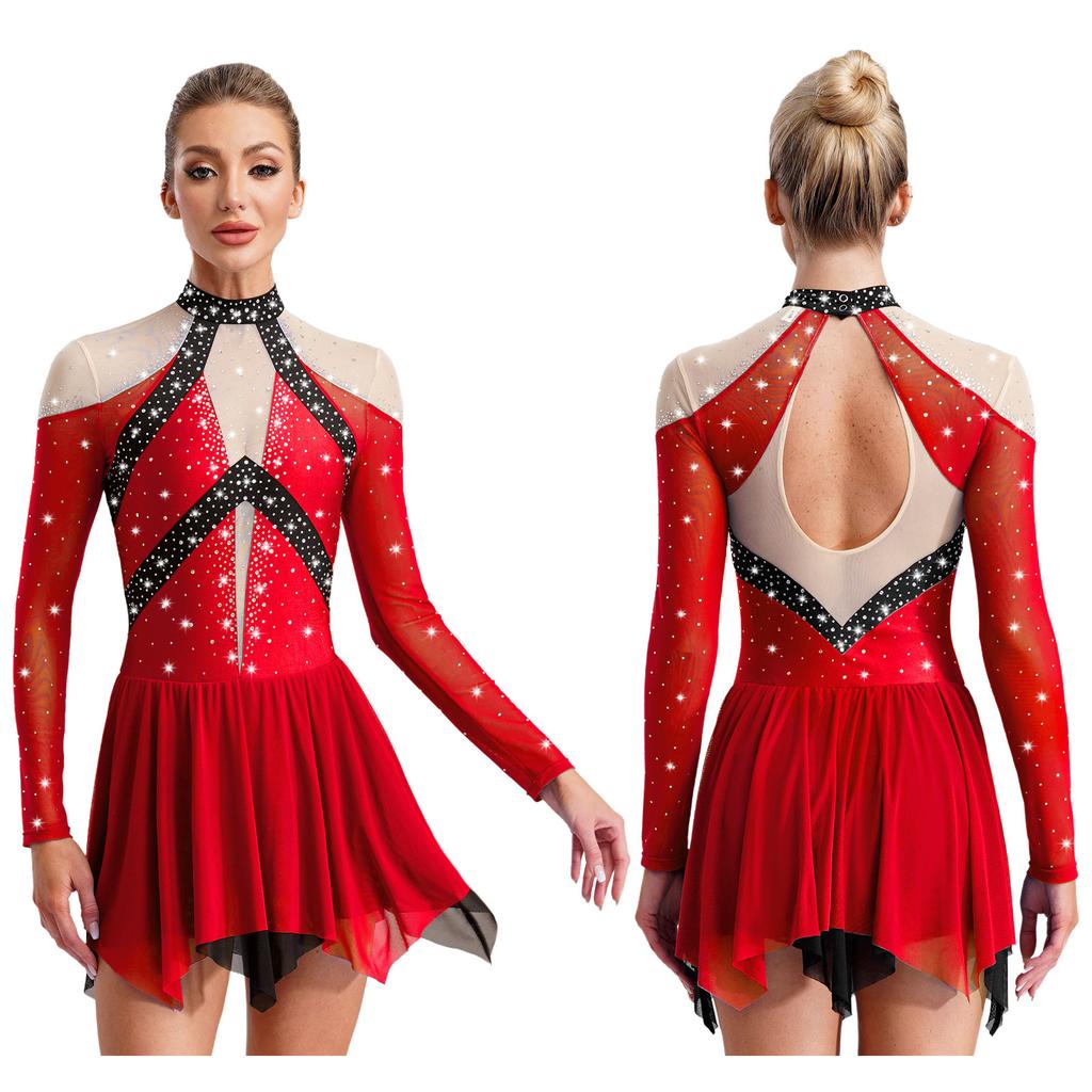 Women Figure Skating Performance Costume Sheer Mesh Rhinestones Leotard Dress for Modern Lyrical Dance Gymnastics Acrobatics