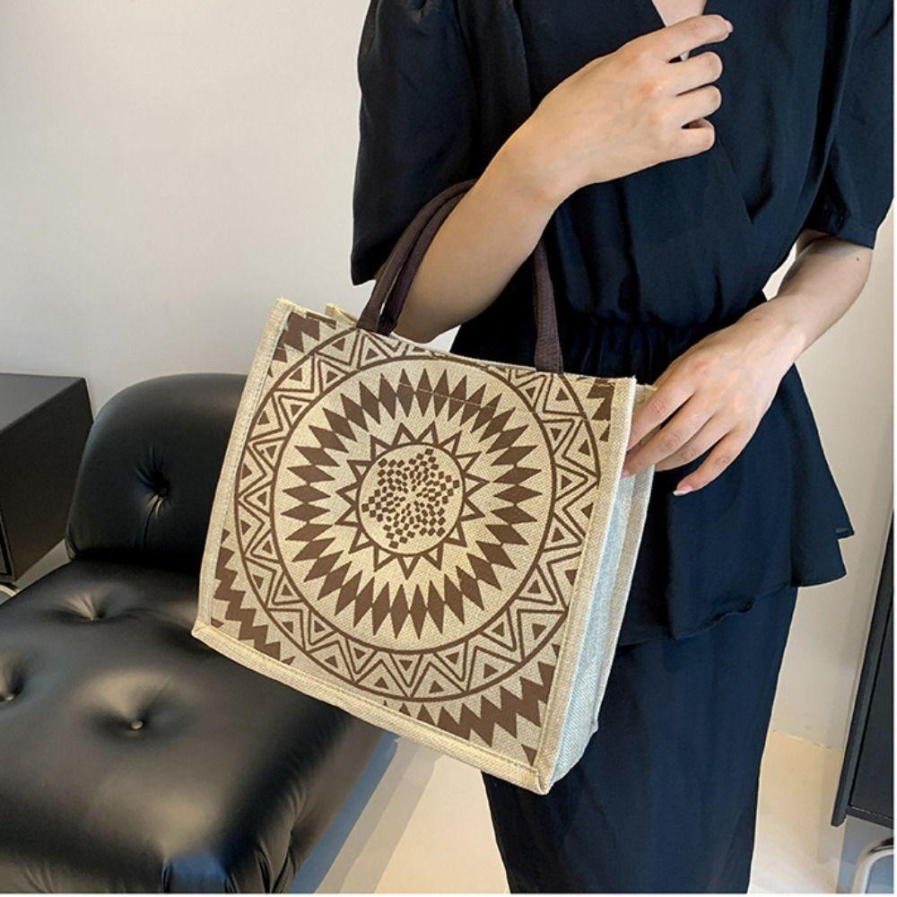 Tote Bag Ethnic Style Handbag Canvas Embroidery Shoulder Bag Geometric Cloth Bag Storage Bag
