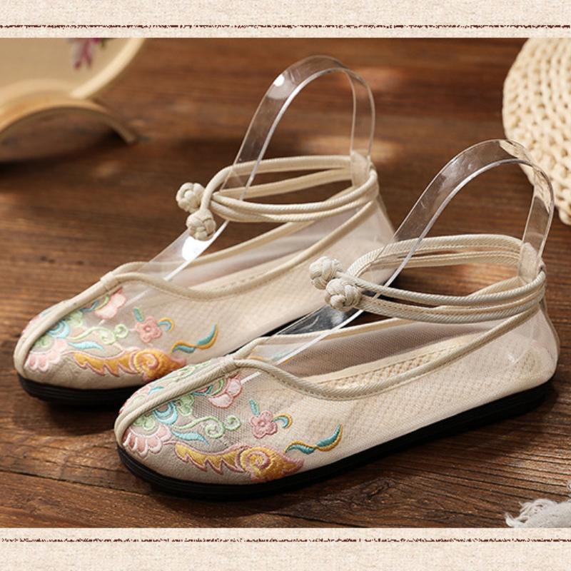 Fashion Round Toe Lace-up Flowers Designer Shoes Summer Mesh Breathable Handmade Embroidered Flats Elegant Comfort Non-slip Flat Sandals