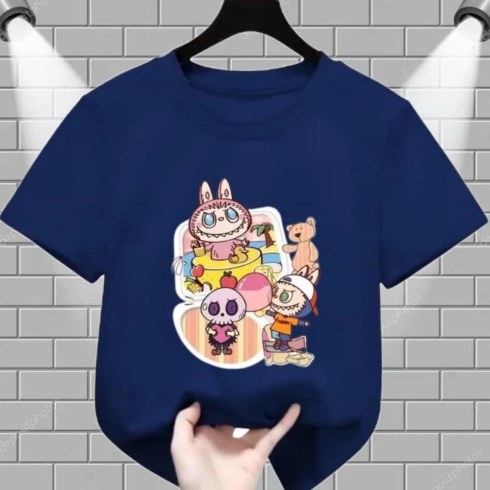 Летняя популярная детская футболка одежда пляжный отпуск Labubu с принтом для девочек круглый вырез короткий рукав повседневный топ