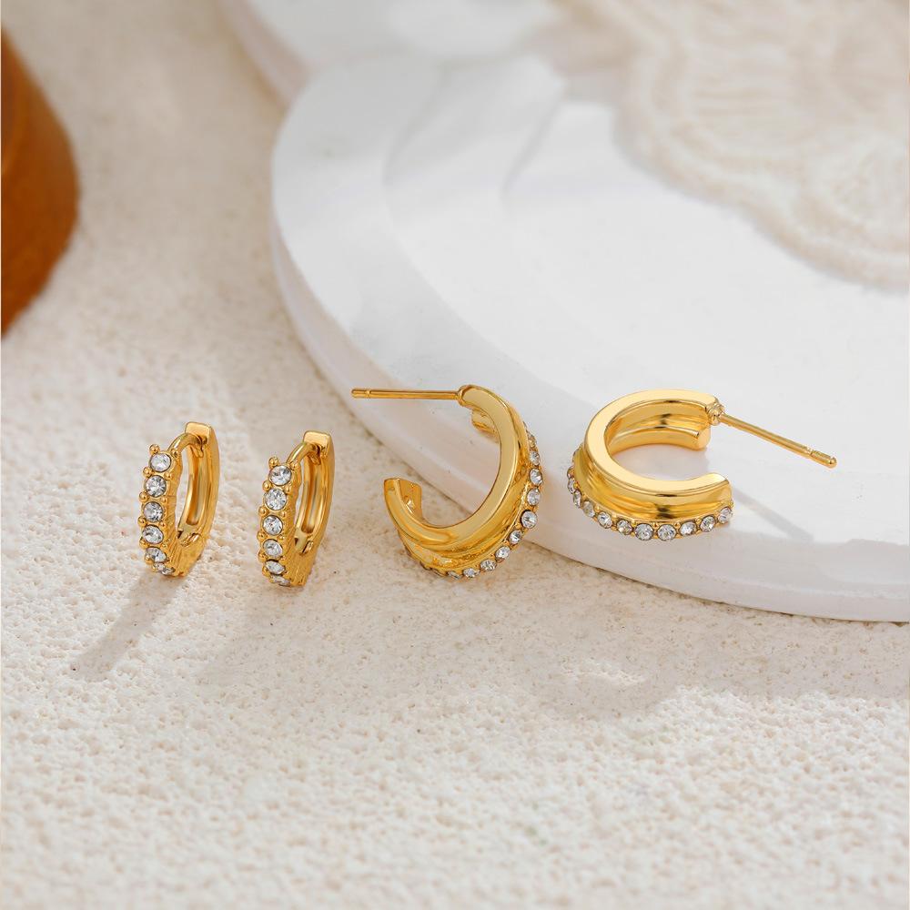 18K gold stacked with diamond earrings, simple ring, circle, ear buckle, temperament stud earrings, two-piece jewelry
