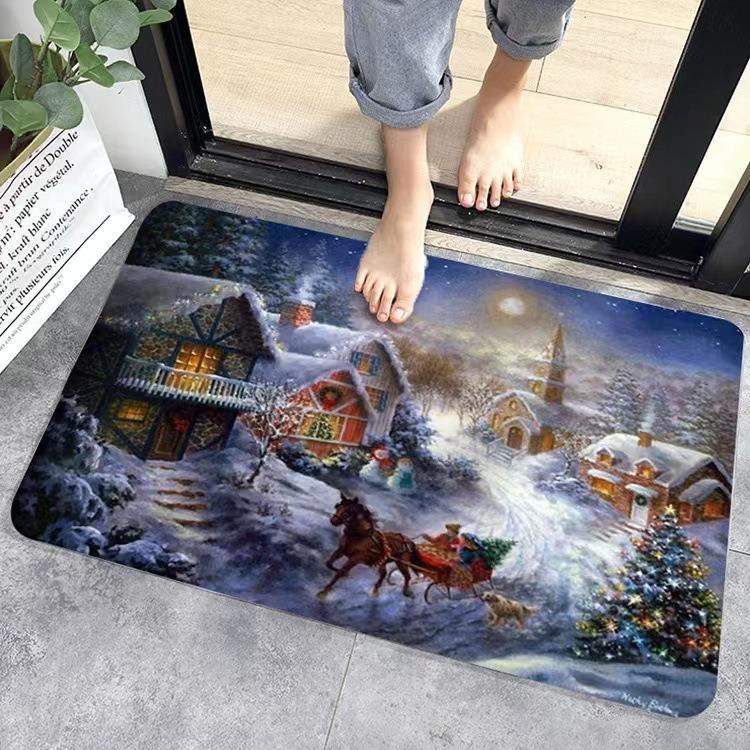 Christmas Themed Door Mat With Festive Patterns Bells Reindeer Sleigh NonSlip Durable Entrance Rug Indoor Outdoor Home Decor