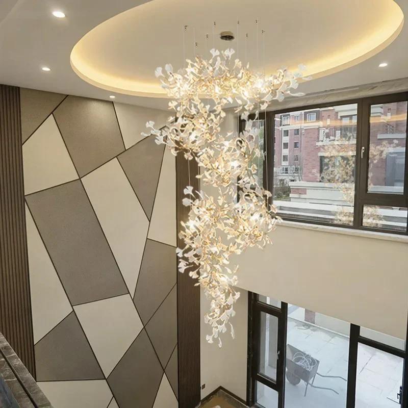 Современная роскошная керамическая люстра, освещение для гостиной, столовой, ветки листьев гинкго, светодиодная подвесная лампа, арт-вилла, кабинет, спальня