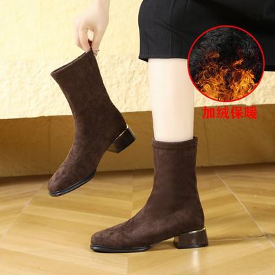 Черные короткие ботильоны на низком каблуке женские тонкие ботинки 2025 новая осень и зима квадратный носок задняя молния женские замшевые эластичные ботинки