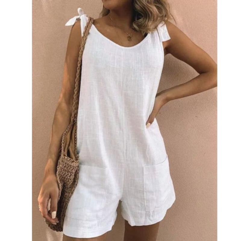 Summer Women's Solid Color Cotton and Linen Patch Pockets Loose Casual Jumpsuit Shorts Suspenders Overalls Bib Pants Sleeveless Jumpsuit