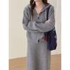 Grey Hooded Strap Double Zipper Two-piece Set Casual Style Large Size Pit Strip Skirt Knitted Cardigan Set