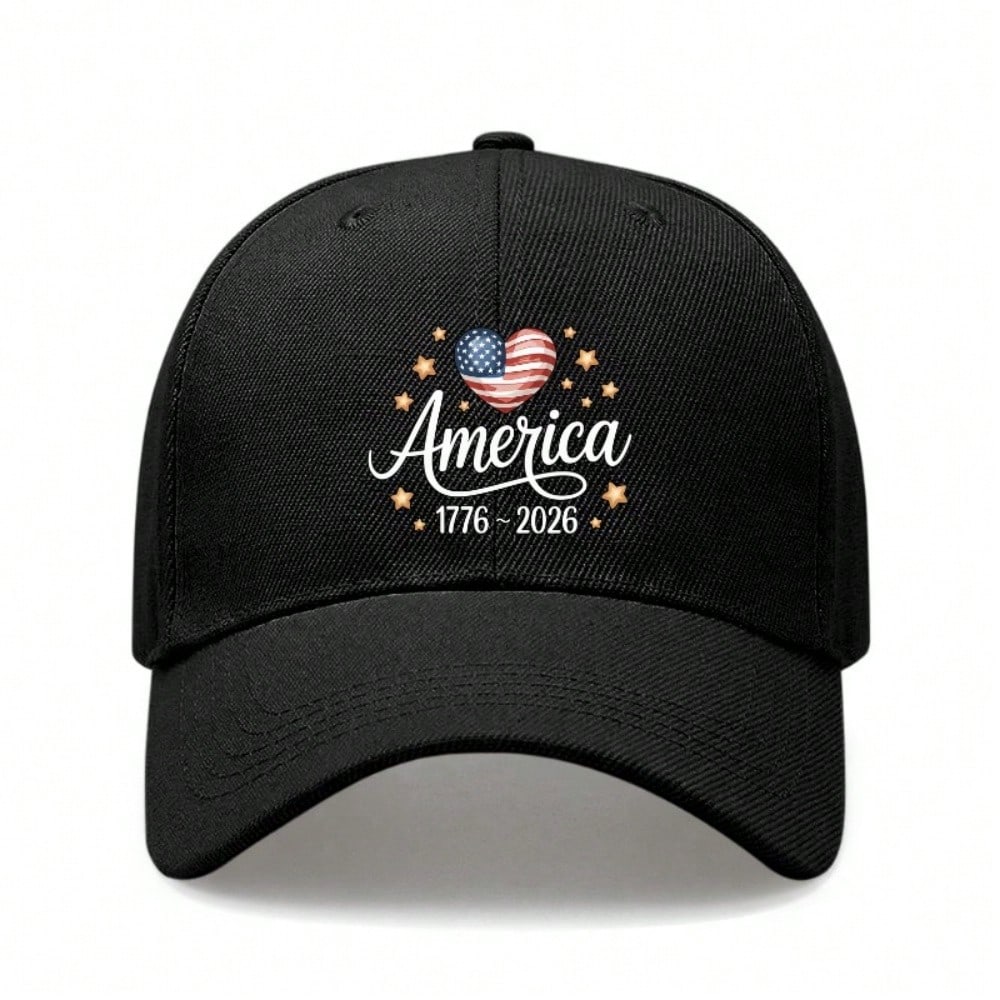 [Patriotic Baseball Cap] 2026 Anniversary AMERICA Heart Print Polyester Adjustable Breathable Curved Brim Casual Outdoor Sports Baseball Hat For July